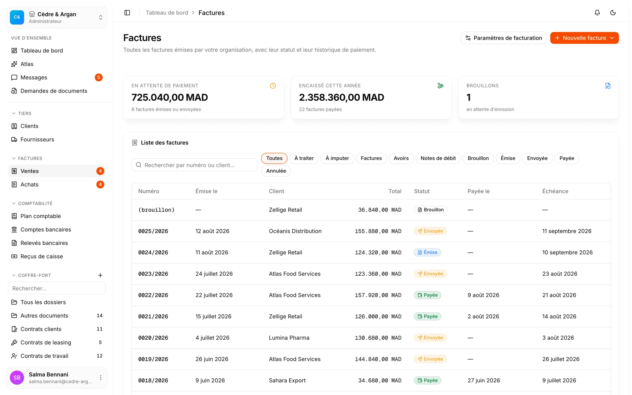 La liste des factures de vente dans React Box : en attente de paiement, encaissé cette année, et chaque facture avec son statut et son échéance.