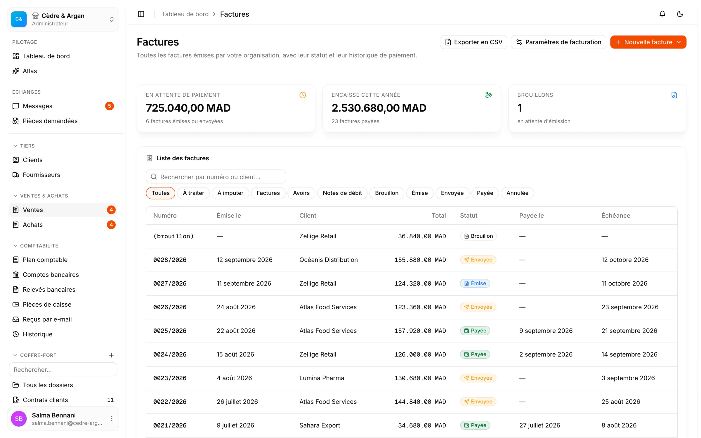 La liste des factures de vente dans React Box : en attente de paiement, encaissé cette année, et chaque facture avec son statut et son échéance.